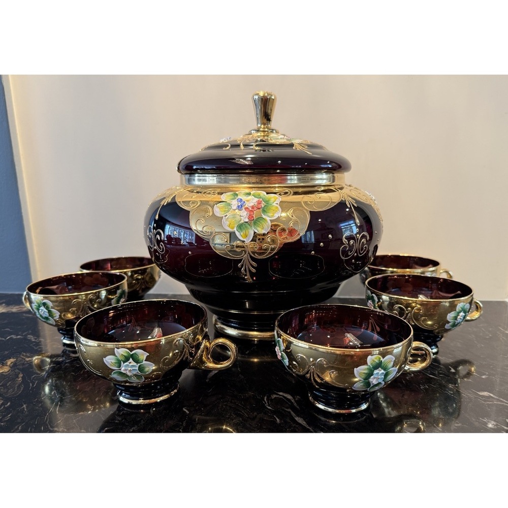 Vintage Murano Glass Red Wine& Gold Gilt Hand Painted Punch Bowl Set